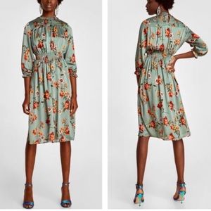 Zara green floral midi dress with elastic waist